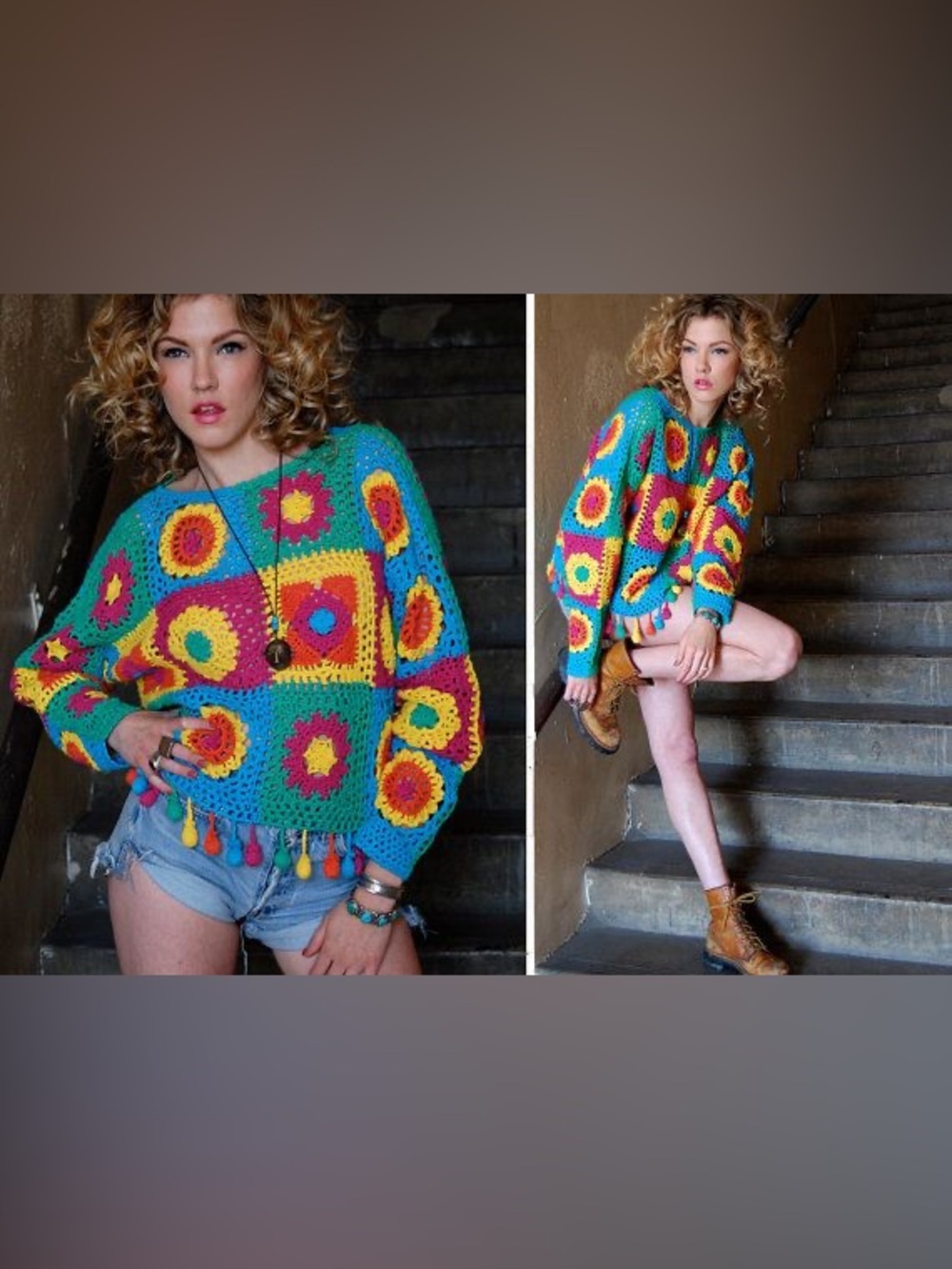 Vibrant bright granny square crochet sweater vintage style